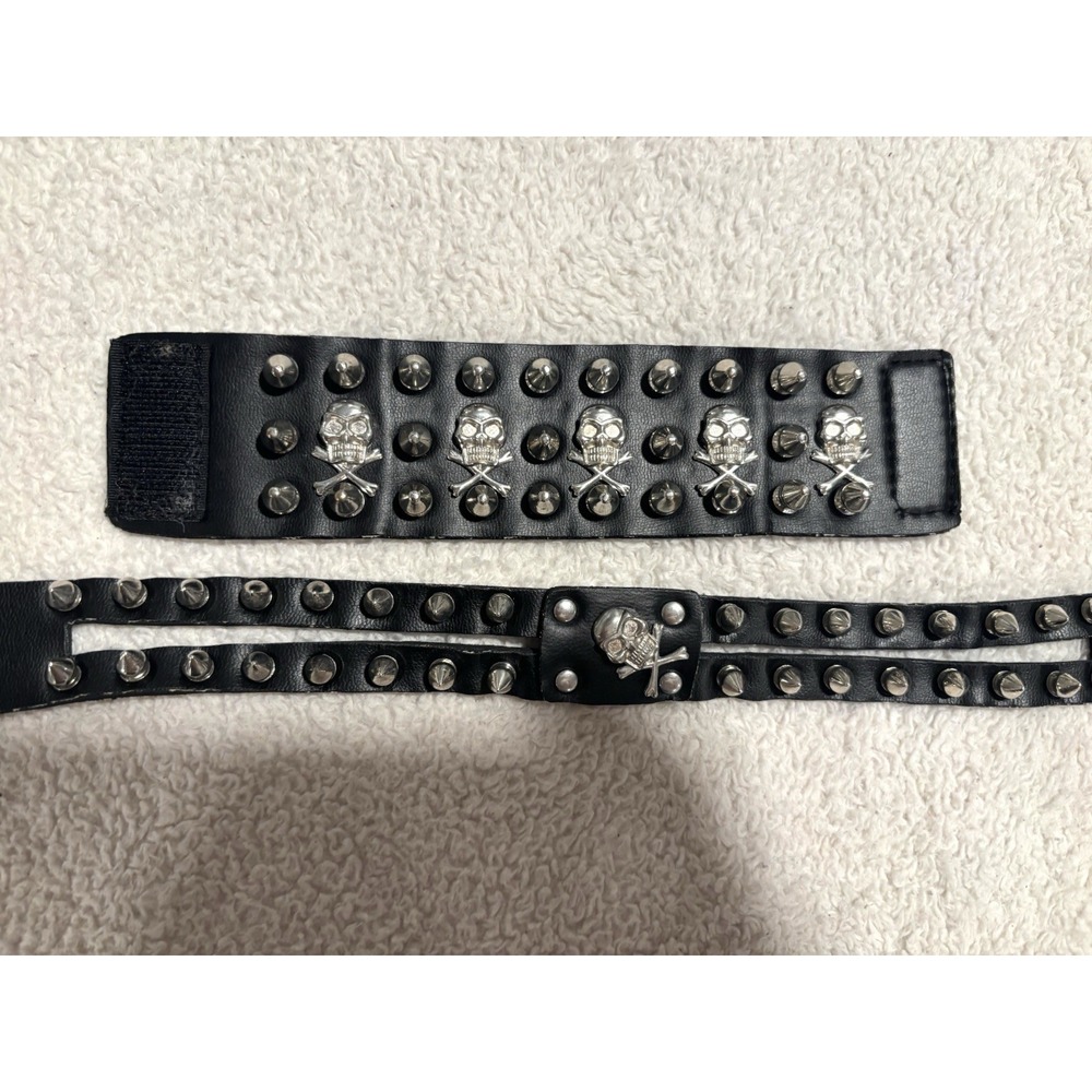 Set Of 2 Black Metal Skull Crossbones Spike Cuff Bracelets Goth Grunge Punk